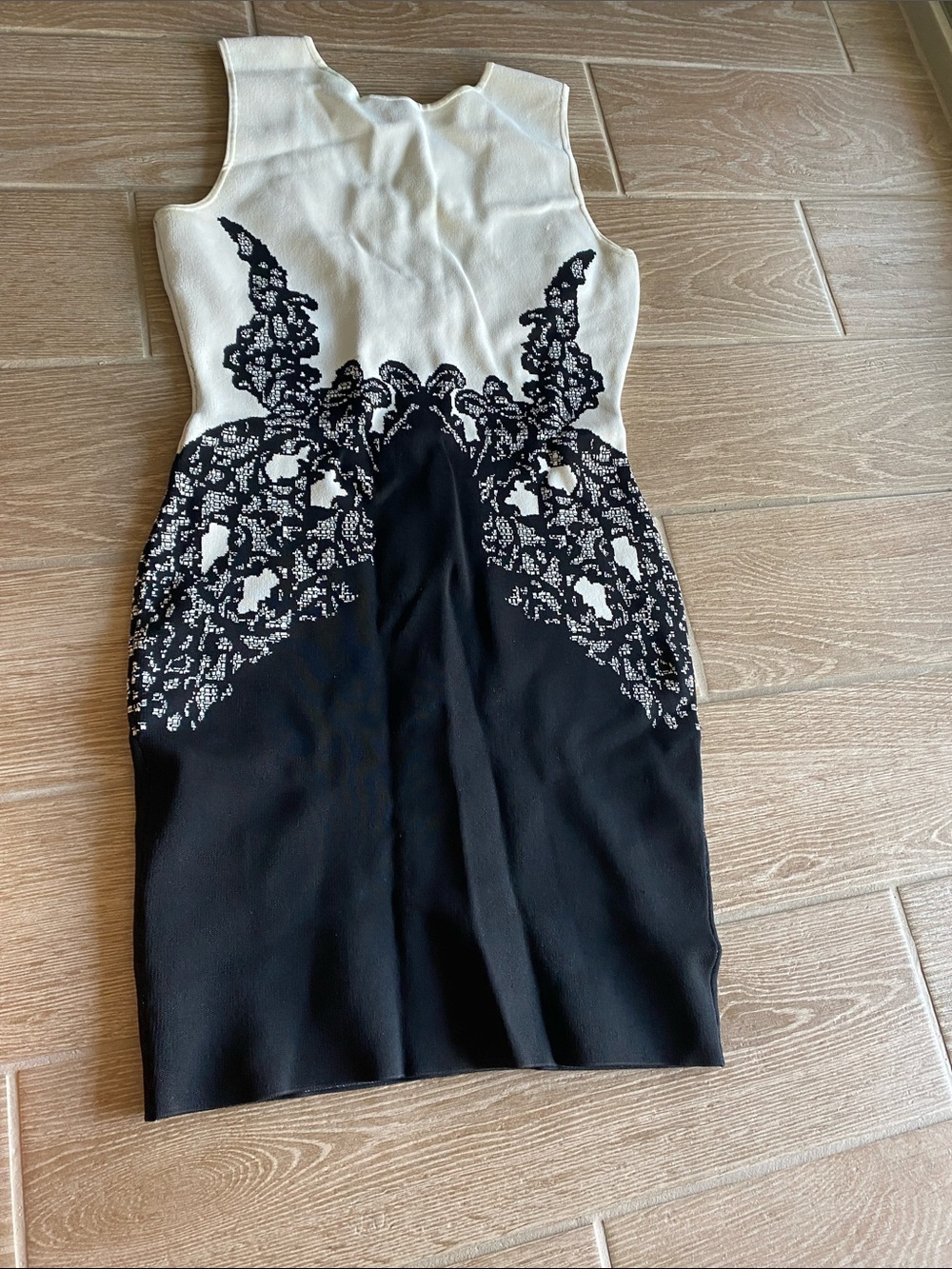 BCBGMaxAzria Black and White Lace-Accent Sheath Dress